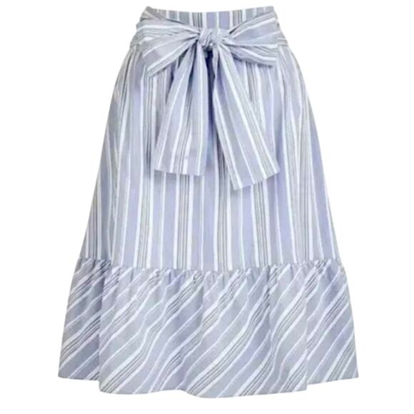 J By J Crew Blue & White Stripe Cotton Big Bow Midi Skirt Ruffle Hem Size 2 - Picture 1 of 11